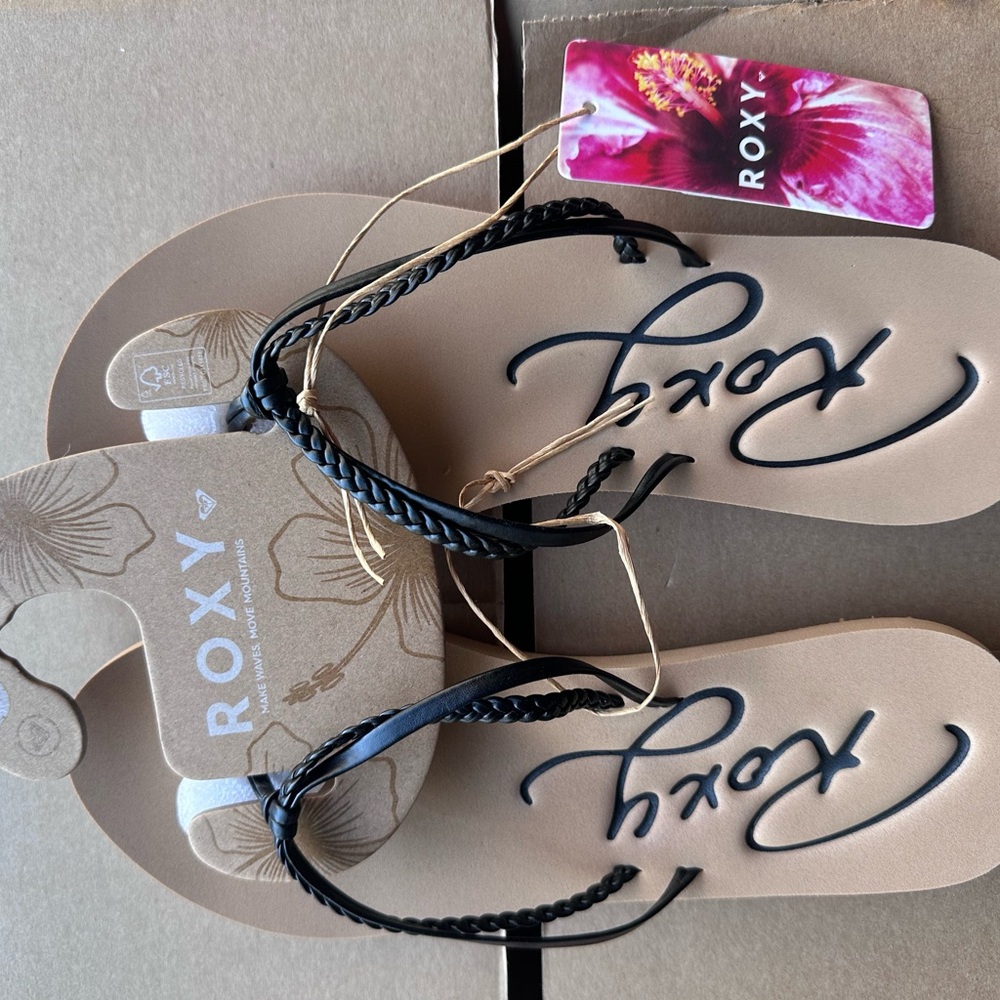 Roxy Cabo Black Braided Strap Flip Flops with Tan Footbed